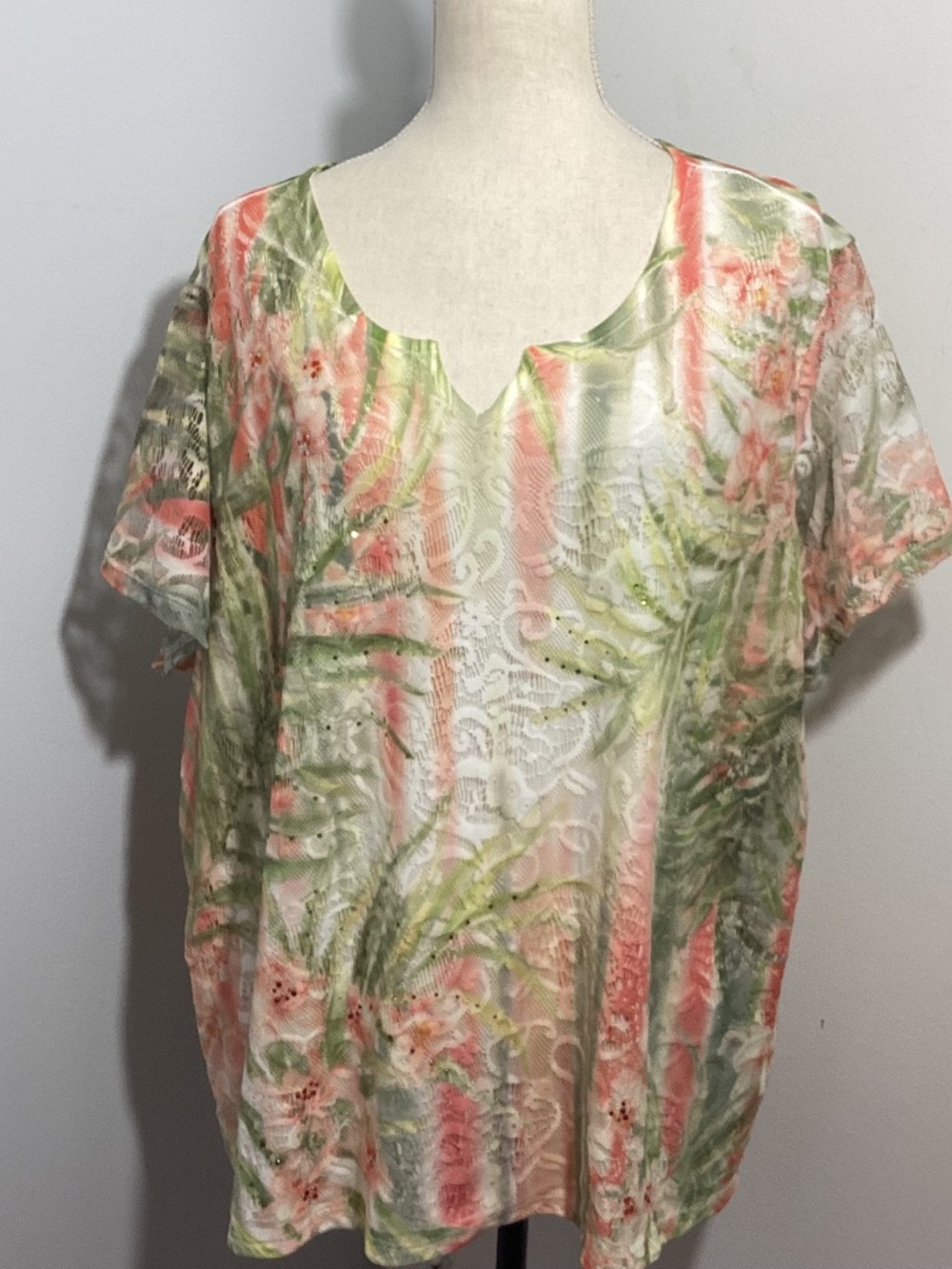 NWT ALFRED DUNNER KEY LARGO 3X TOP T-SHIRT TROPICAL PRINT LACE FRONT& SLEEVES